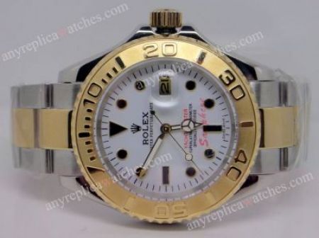 Copy Rolex Yachtmaster 2 Tone White Face Man Watch with Black Markers